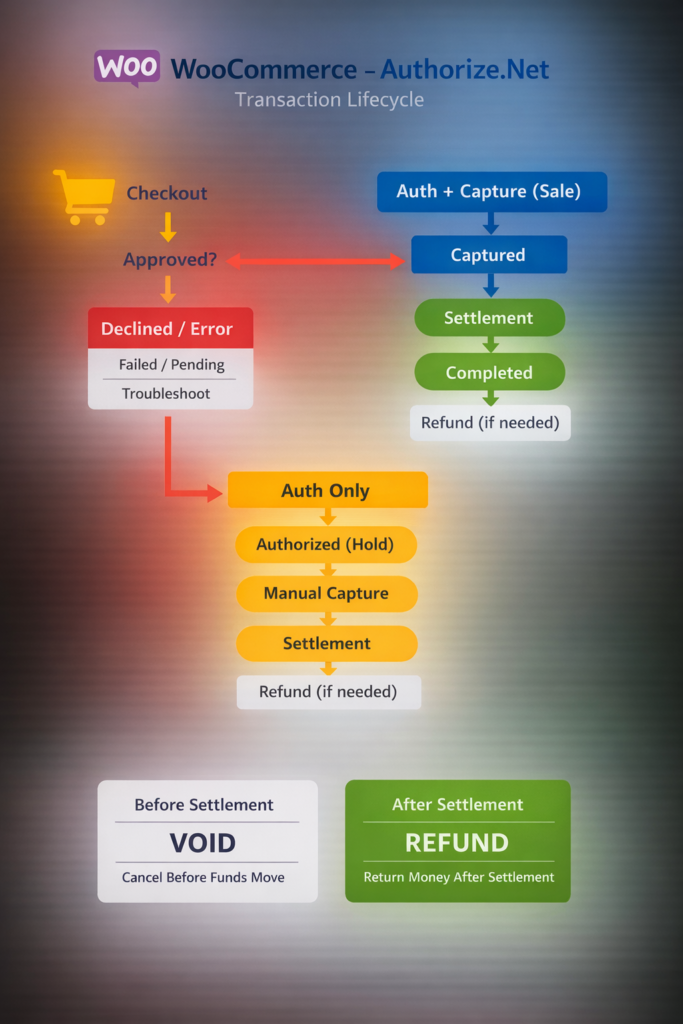 Diagram explaining how pending, authorized, captured, settled, and merchant payout differ.
