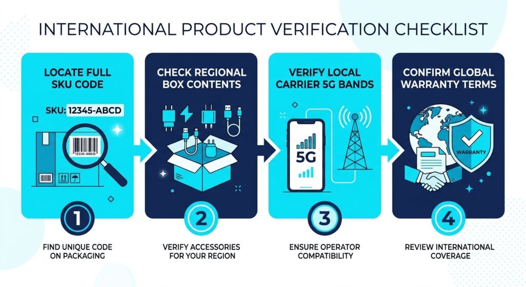 Four-step workflow for checking an international product variant before purchase.